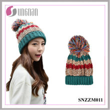 Sweet Girls Striped Multicolor Mão-Knit com Veludo Lã Ball Hat